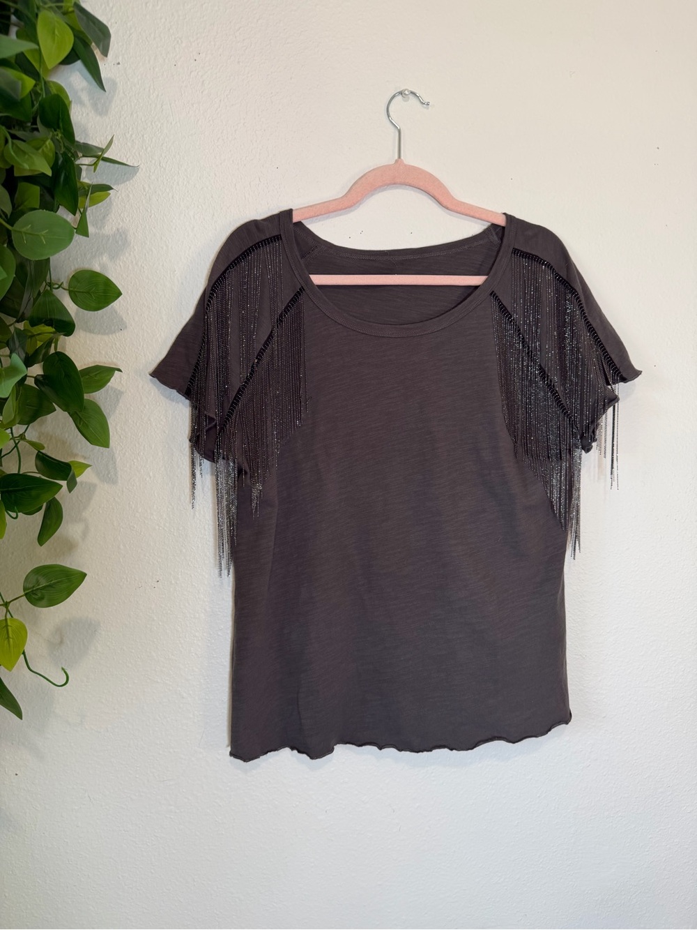 Rock & Roll Denim Chain Fringe Tee Charcoal Gray Short Sleeve Festival Top L